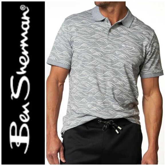 BEN SHERMAN - NWT - M Sz M - Wave Print Polo Shirt in Tonal Wave/Grey Heather - Picture 1 of 16
